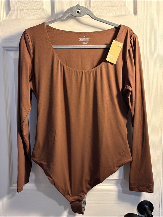 Popilush Tops - Popilush Scoop Neck Long Sleeve Bodysuit Tummy Control Thong Body Suit Brown 3X